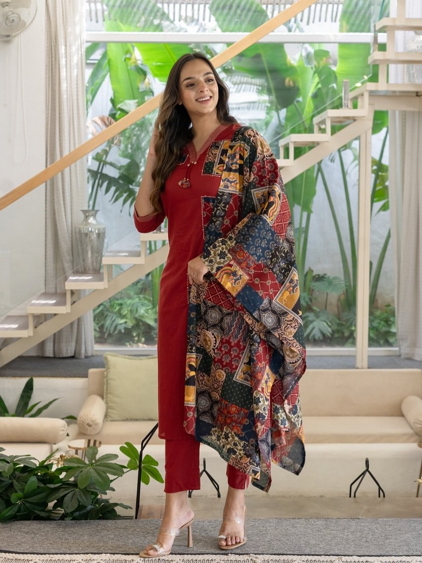 Kantha Patch Work Cotton Kurti Pant Set